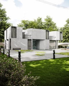 Modern minimalist house with geometric architecture, featuring concrete walls and large windows, nestled in a lush green environment.