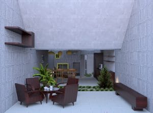 Modern outdoor seating area with stylish wooden furniture and a cozy dining space visible in the background, surrounded by concrete walls and a touch of greenery for a contemporary open-air retreat.