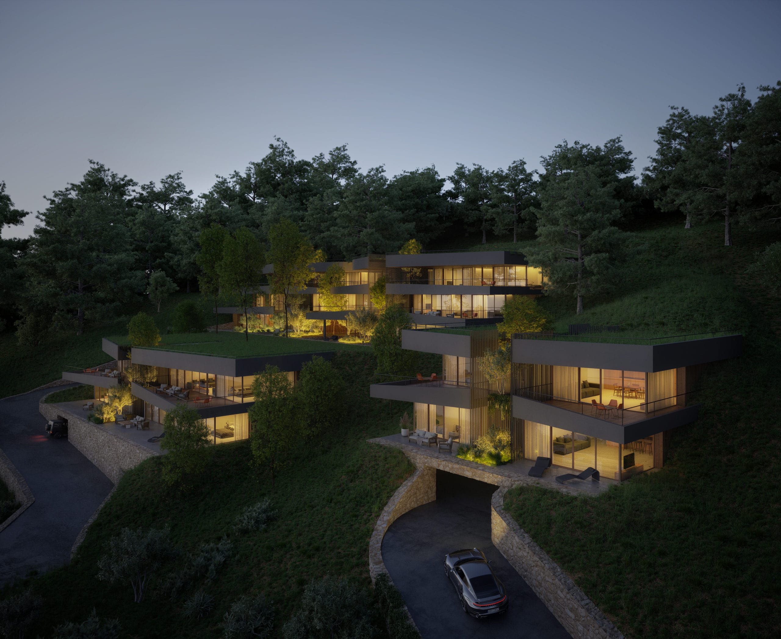 A serene evening view of a modern multi-tiered residential architecture elegantly illuminated, nestled on a lush hillside, showcased in a rendu 3D photoréaliste.