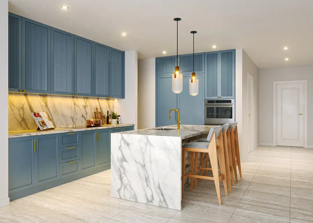 A sleek and modern kitchen interior featuring blue cabinets, a white marble island, and designer pendant lighting, embodying a contemporary and stylish home aesthetic in a rendu 3D photoréaliste.