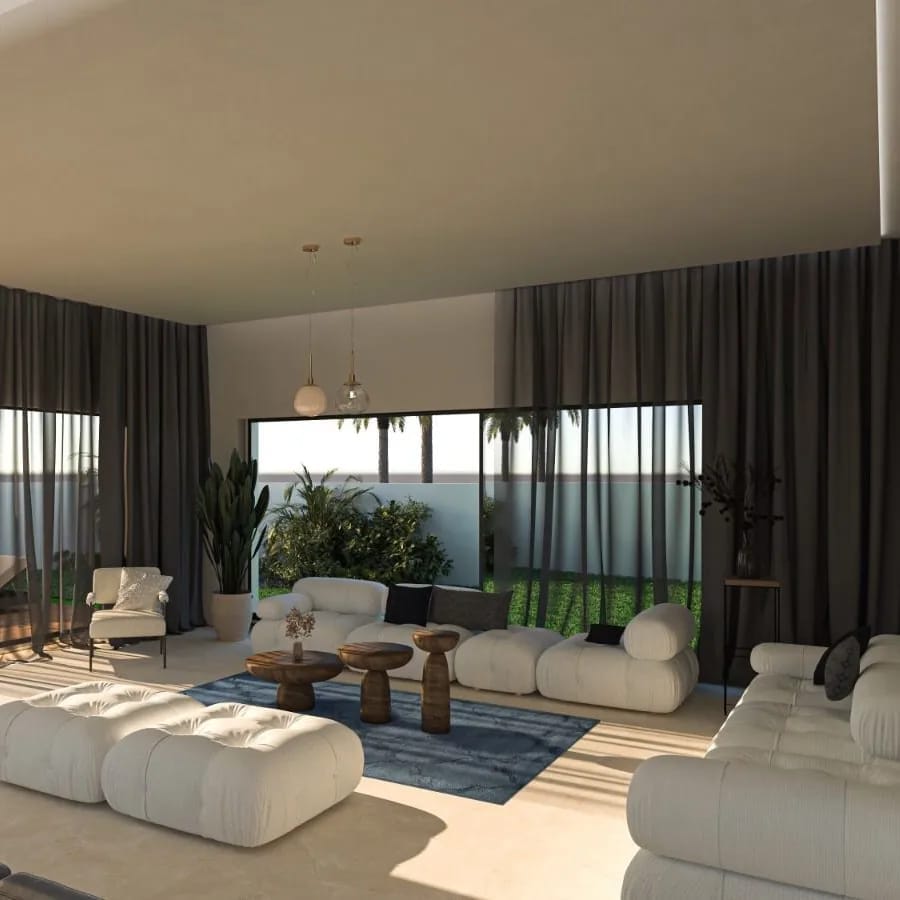 Elegant modern living room bathed in natural light, featuring plush seating and a seamless indoor-outdoor design with a 3D photorealistic rendu. Elegant modern living room bathed in natural light, featuring plush seating and a seamless indoor-outdoor design with a 3D photorealistic rendu.