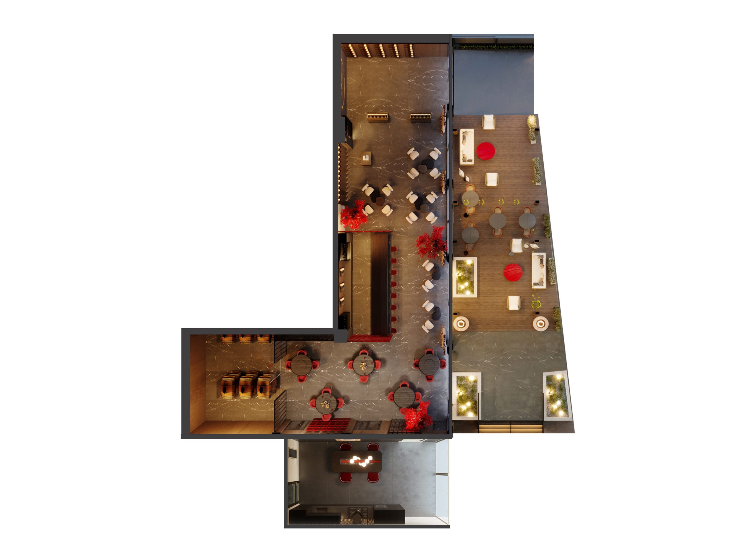 A rendu 3D photoréaliste of a contemporary restaurant floor plan, showcasing arranged seating, kitchen area, and overall layout.